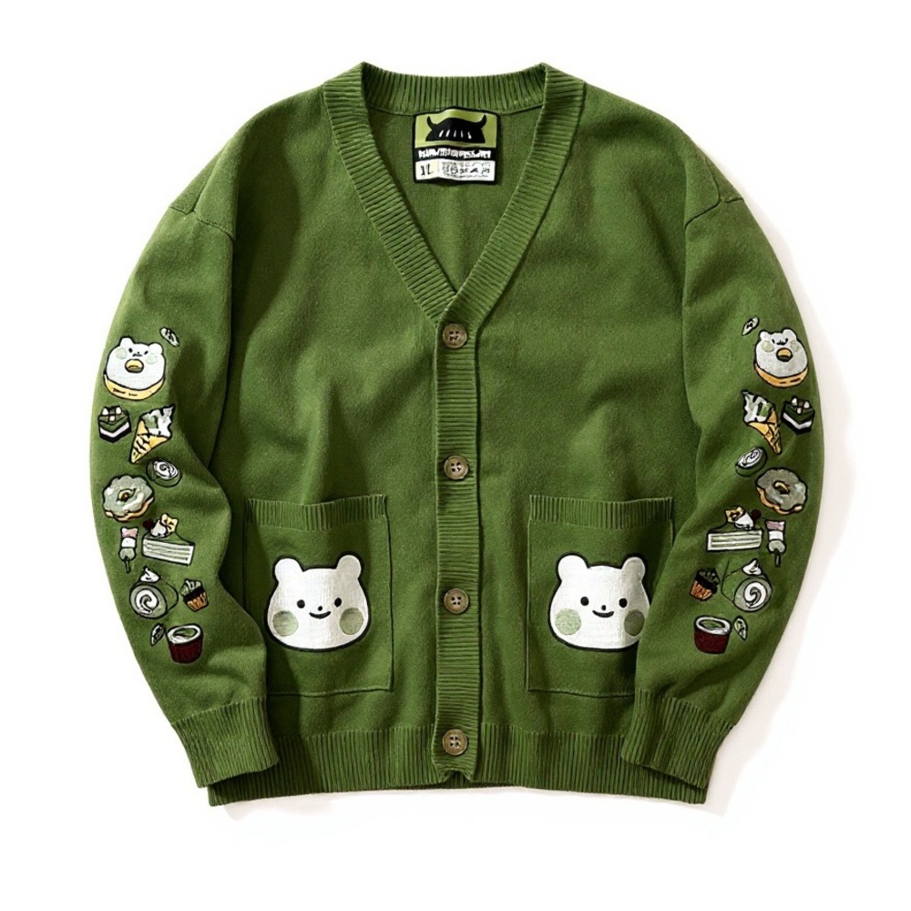 Kinwamoster Green Cardigan with Bear and Food Patches